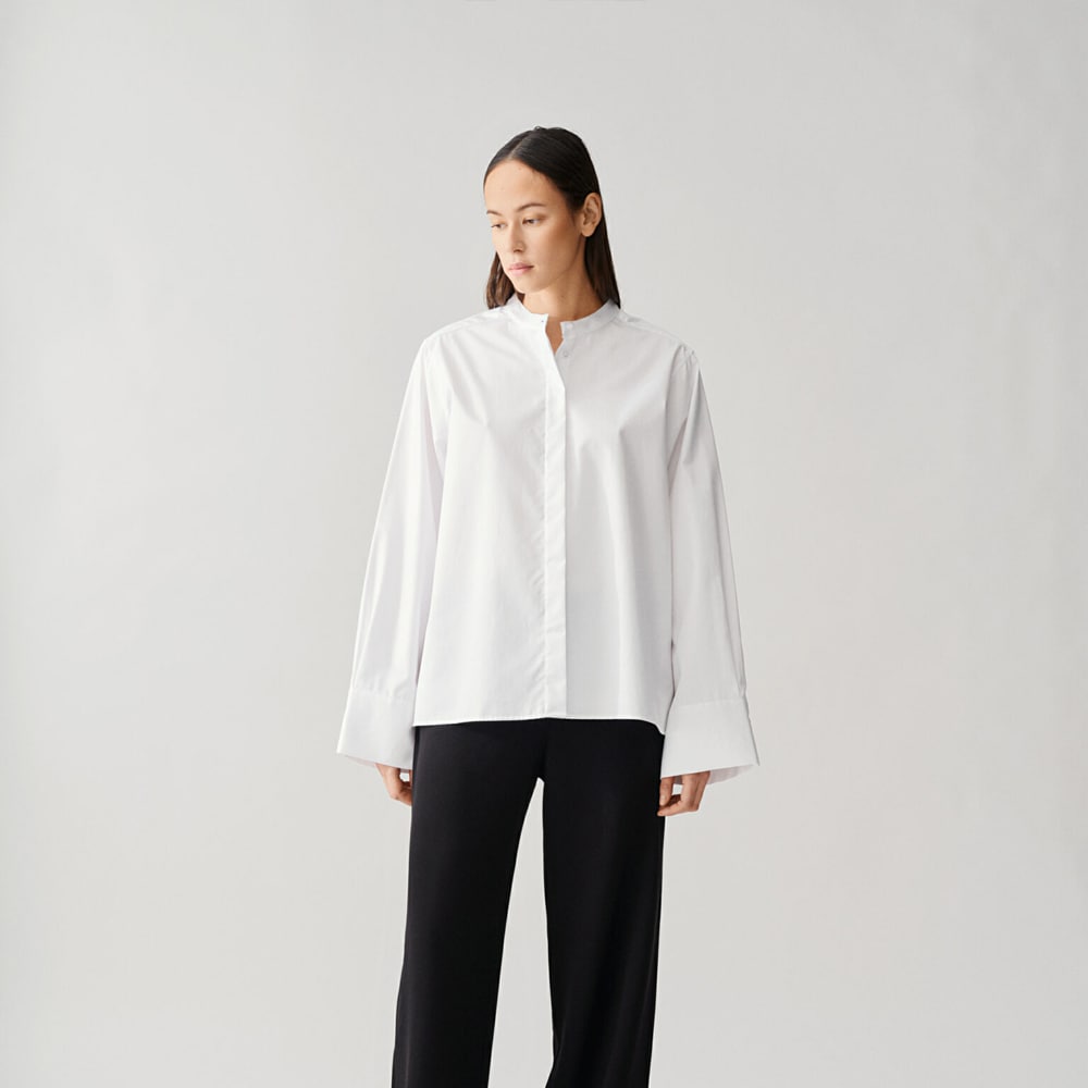 Collarless Wide Sleeve Shirt - White
