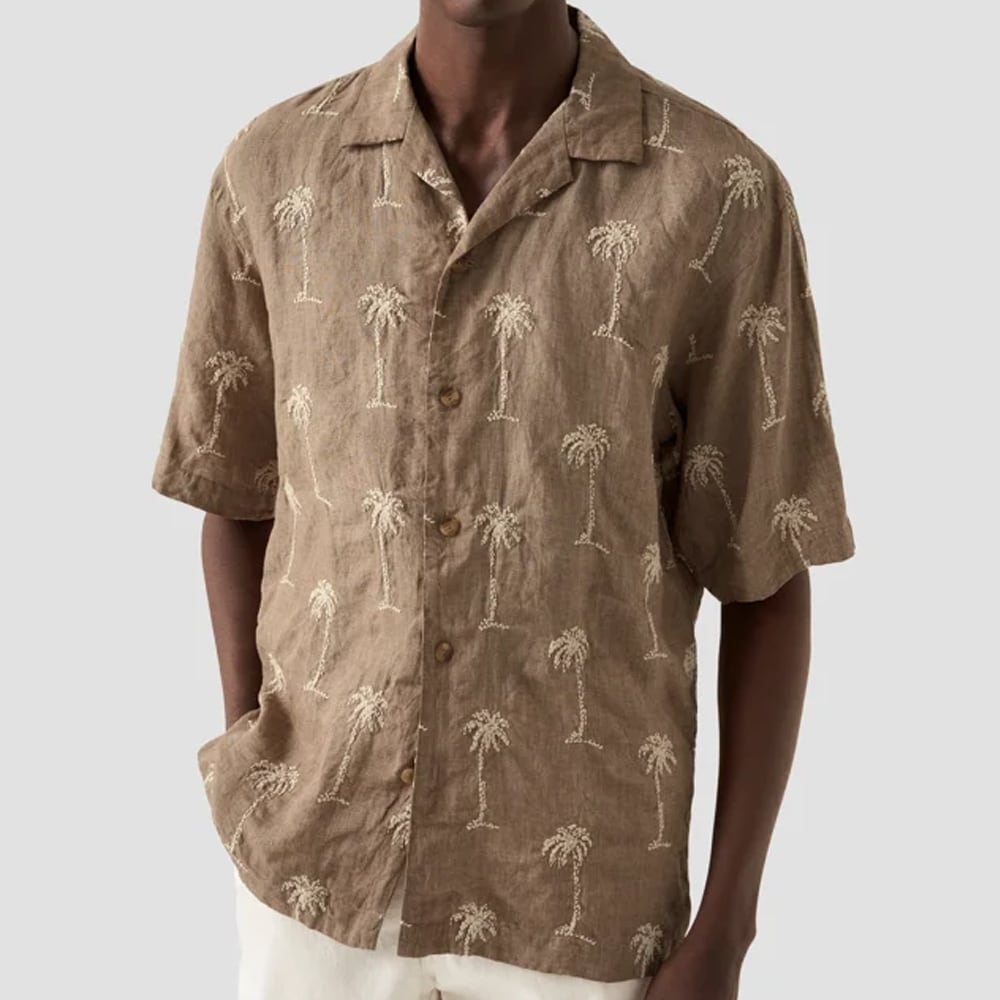 Resort Shirt - Brown Palmtree Embrodiery