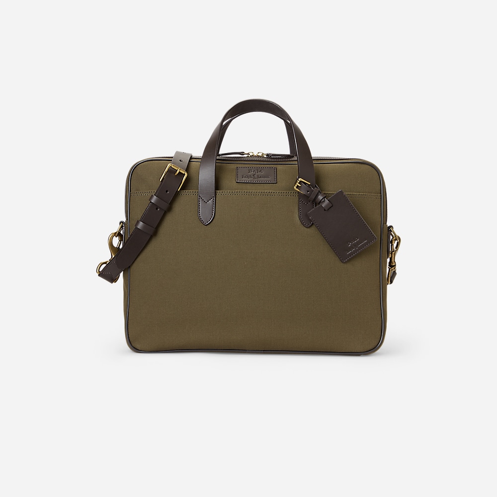 Leather-Trim Canvas Briefcase - Canopy Olive