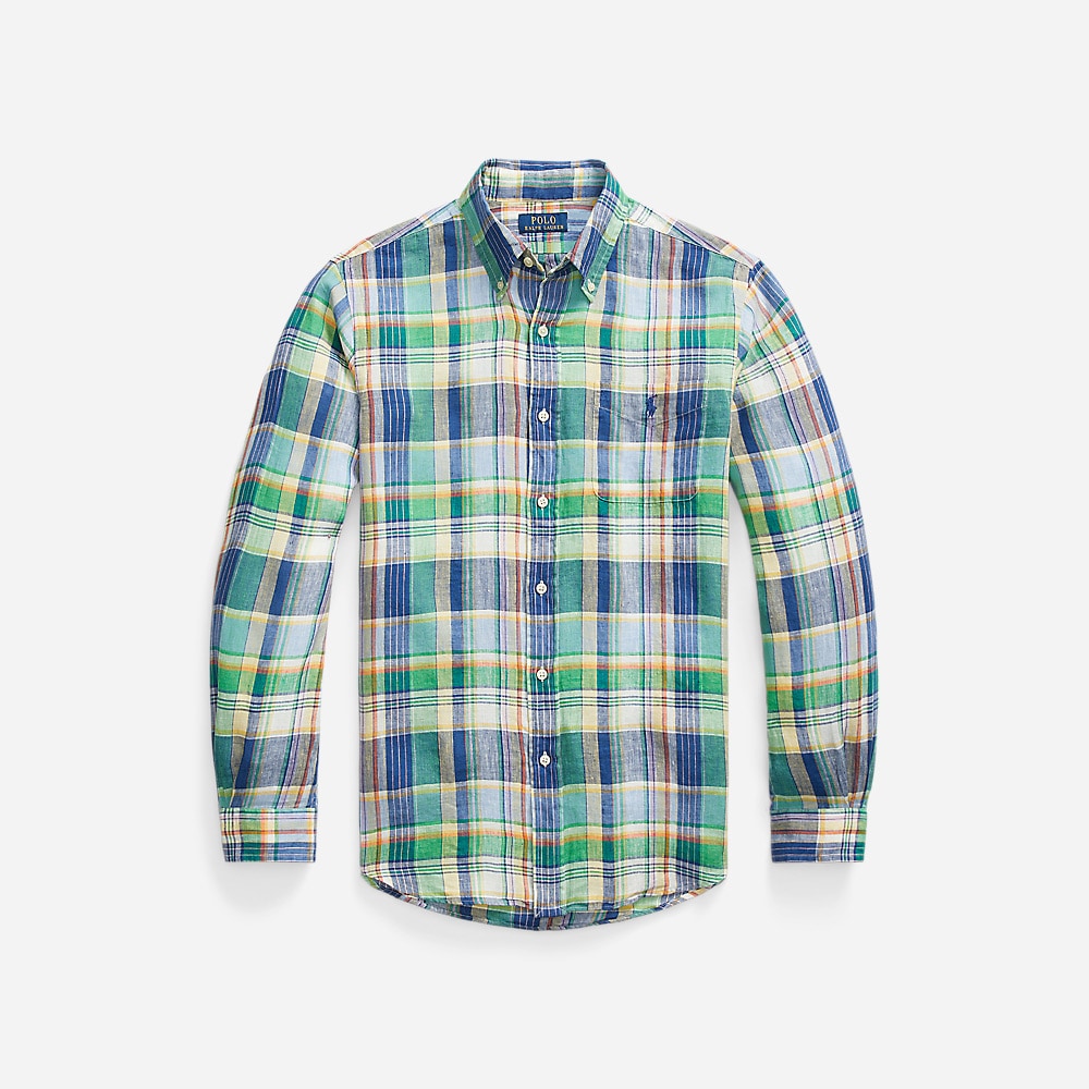 Custom Fit Plaid Linen Shirt - Green/Blue Multi