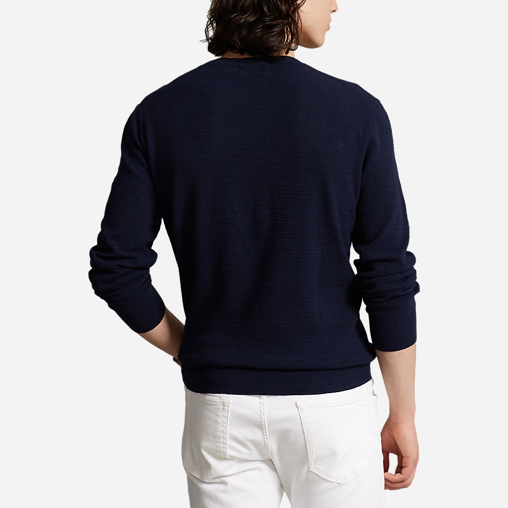 Cotton-Linen Crewneck Sweater - Bright Navy W/ Red Pp