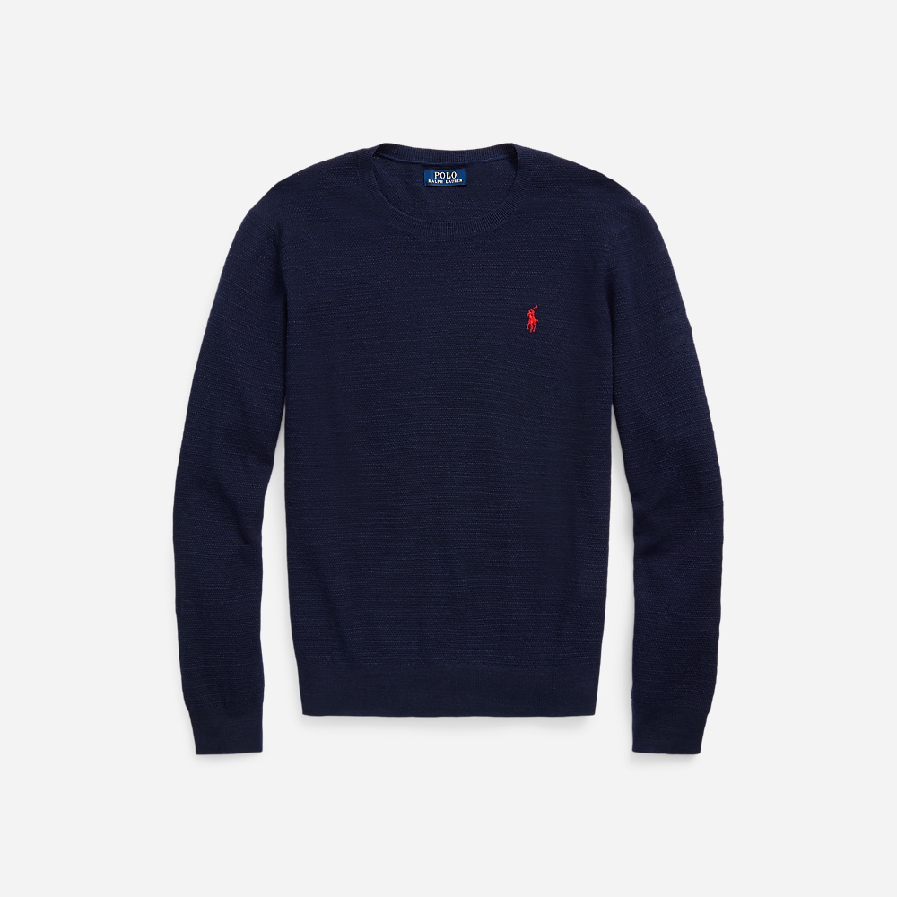 Cotton-Linen Crewneck Sweater - Bright Navy W/ Red Pp