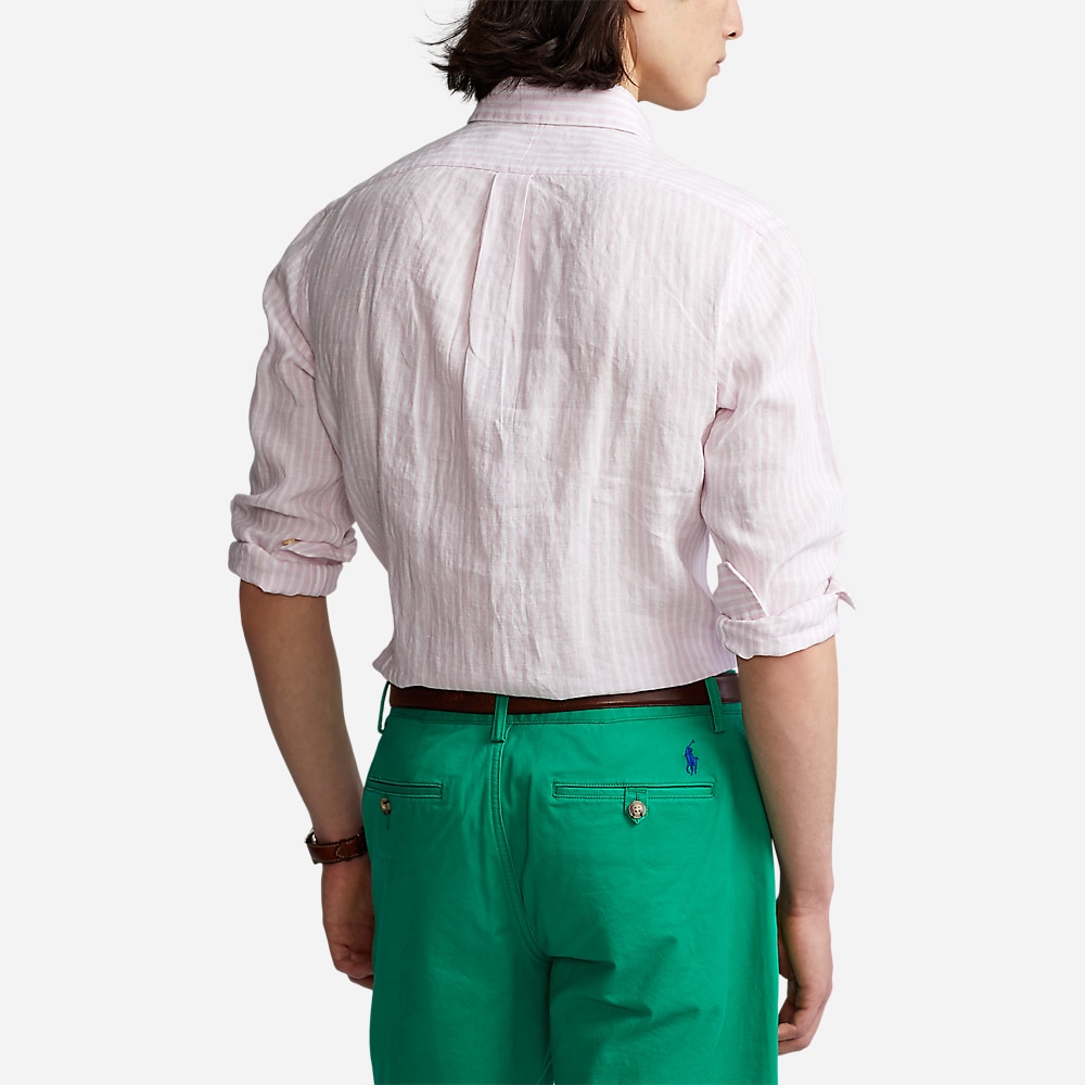 Custom Fit Striped Linen Shirt - Pink/White