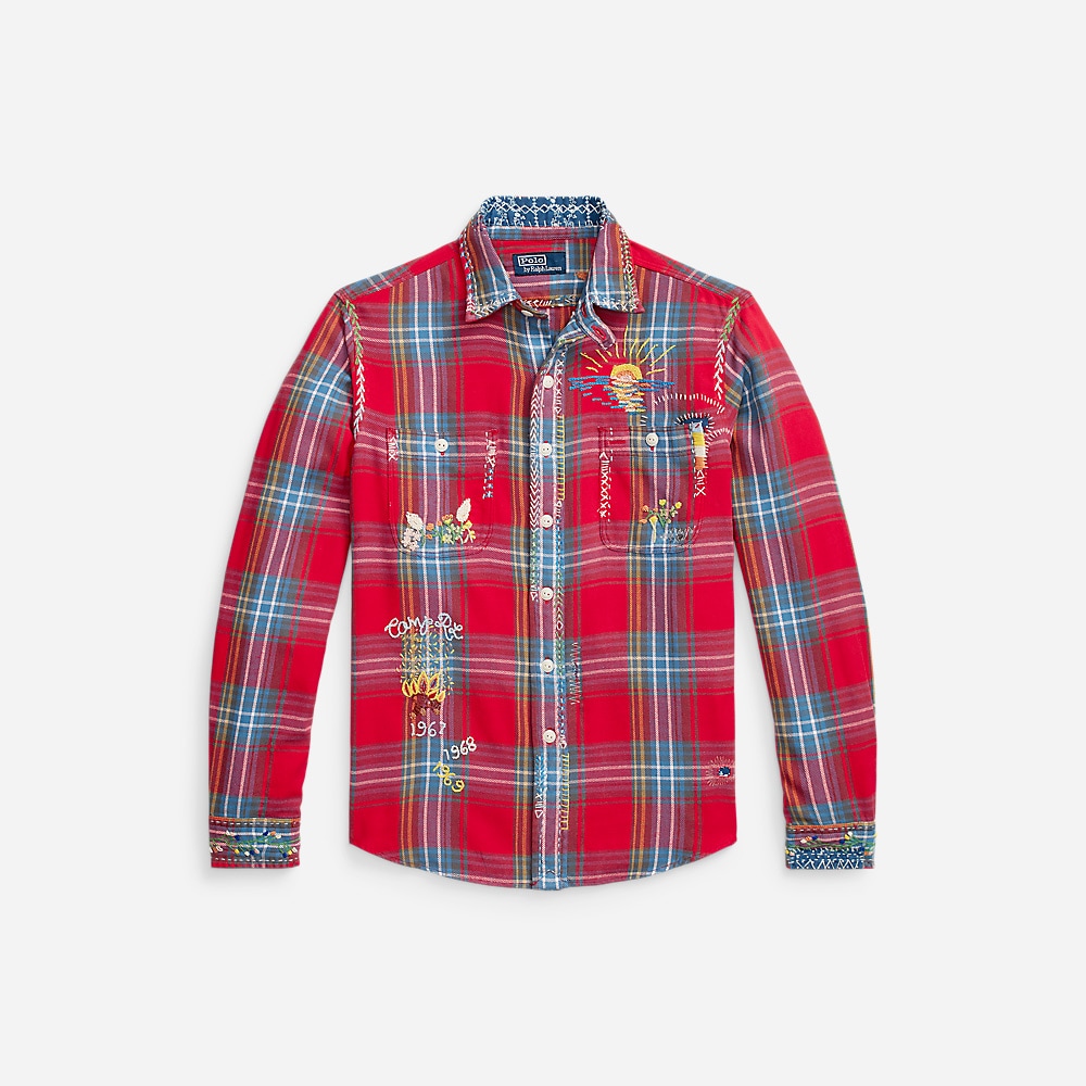 Classic Fit Plaid Flannel Workshirt - Red/Blue Multi