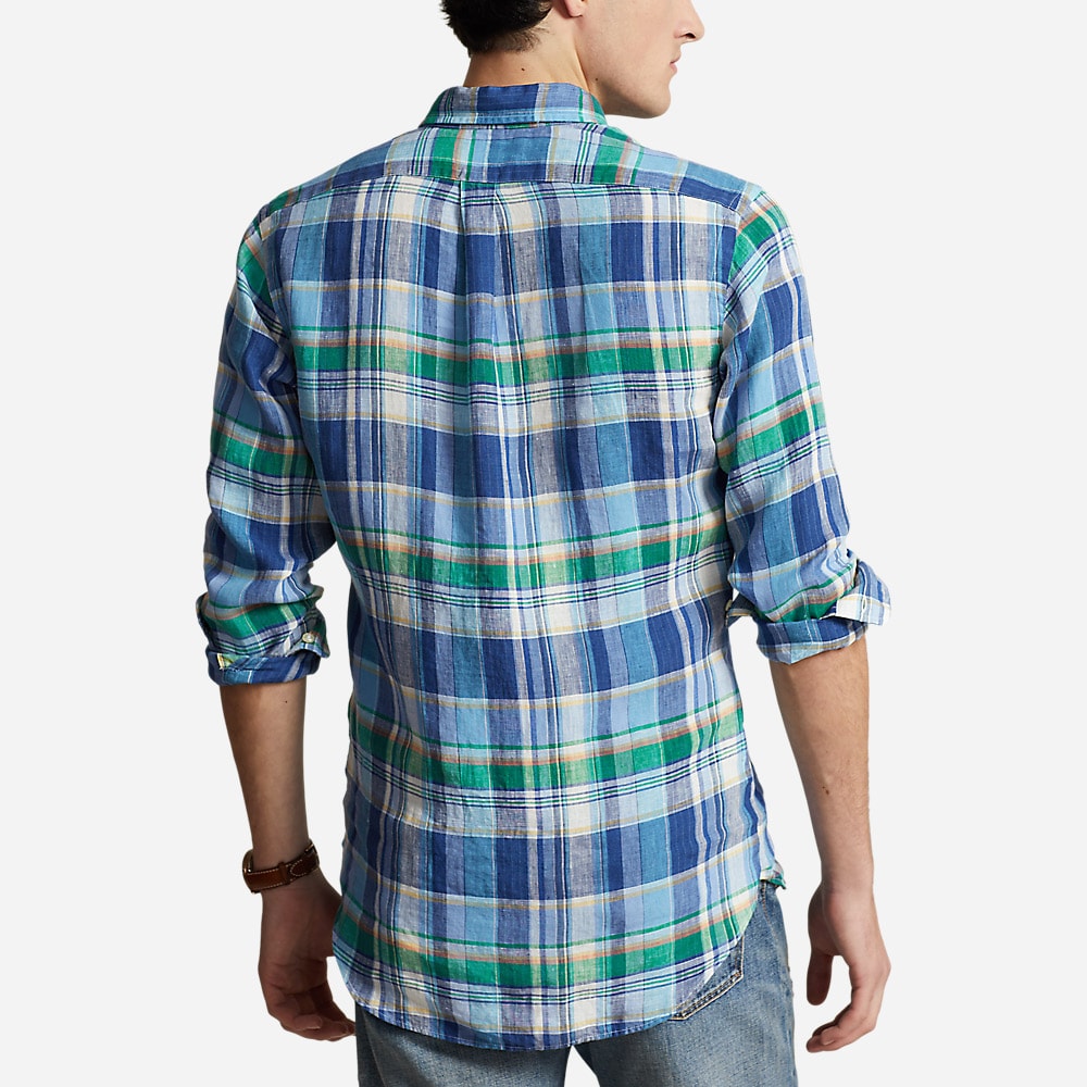Custom Fit Plaid Linen Shirt - Blue/Green Multi