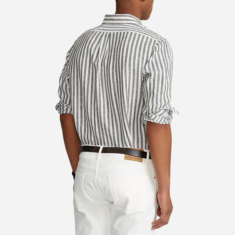 Custom Fit Striped Linen Shirt - Olive/White