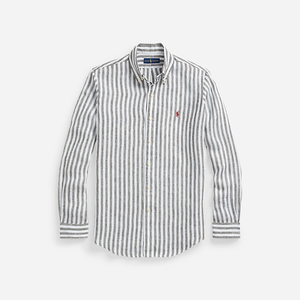 Custom Fit Striped Linen Shirt - Olive/White