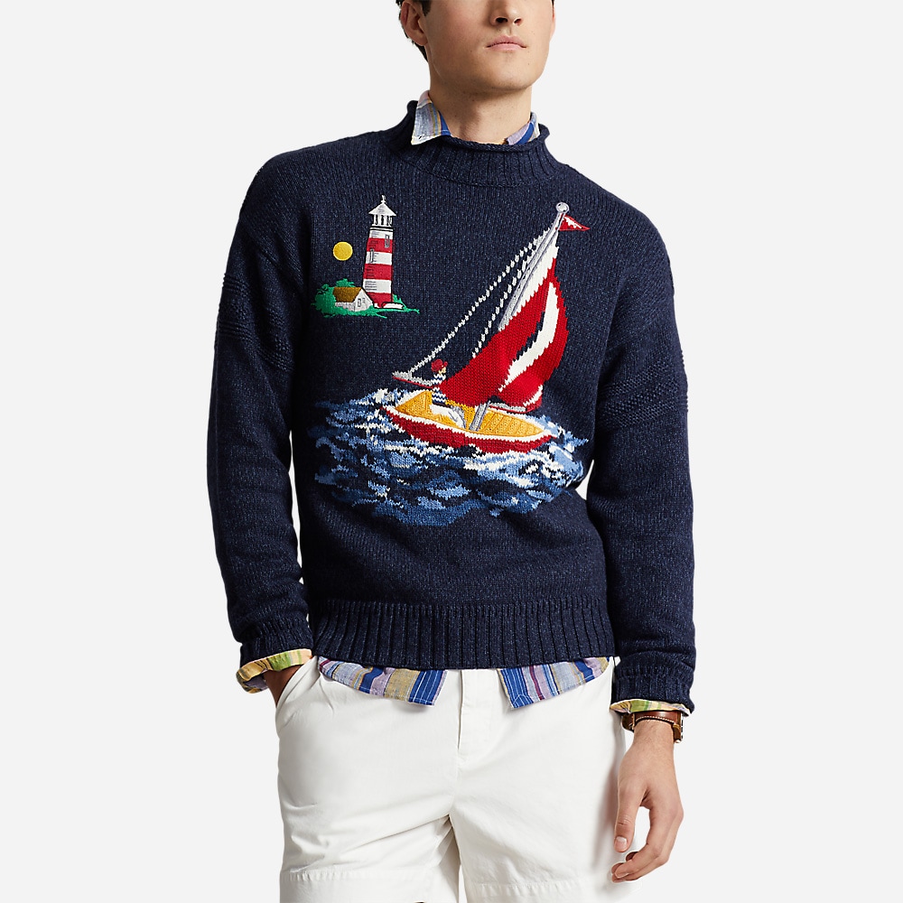 Sailboat-Intarsia Cotton Sweater - Navy Combo