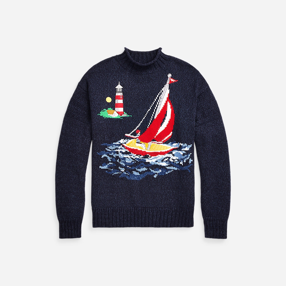 Sailboat-Intarsia Cotton Sweater - Navy Combo