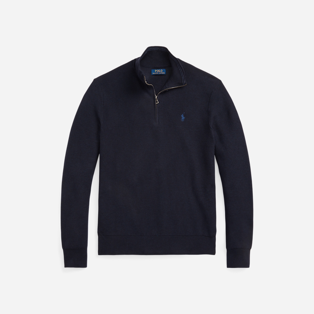 Mesh-Knit Cotton Quarter-Zip Sweater - Navy Htr