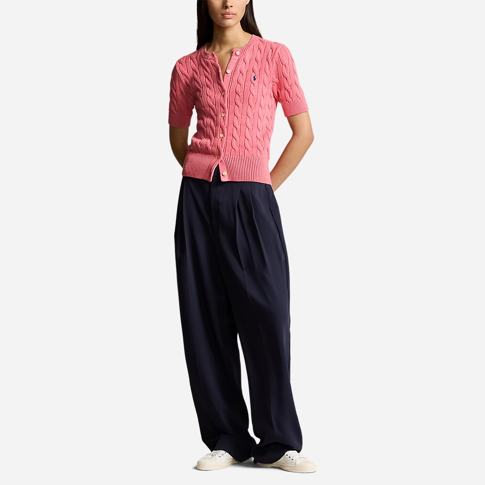 Cable-Knit Short-Sleeve Cardigan - Ribbon Pink