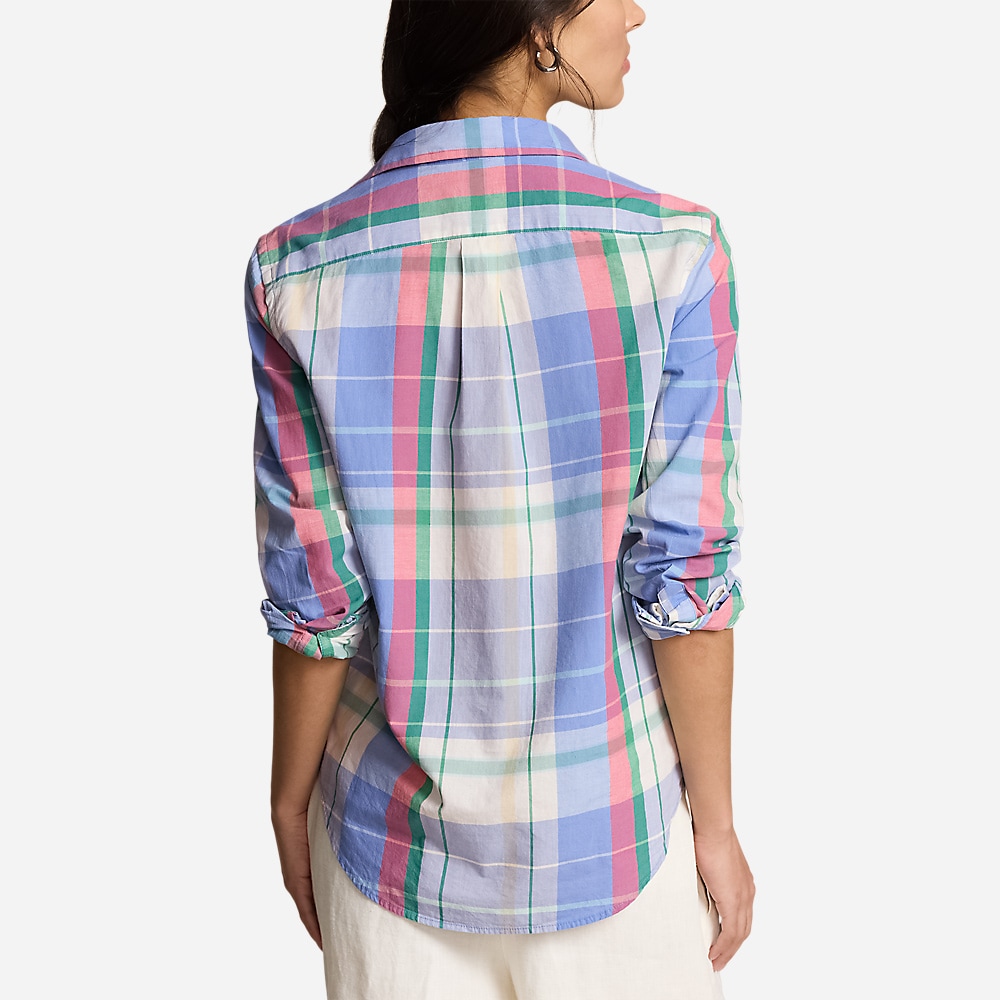 Relaxed Fit Plaid Cotton Shirt - Light Blue/ Pink/Green