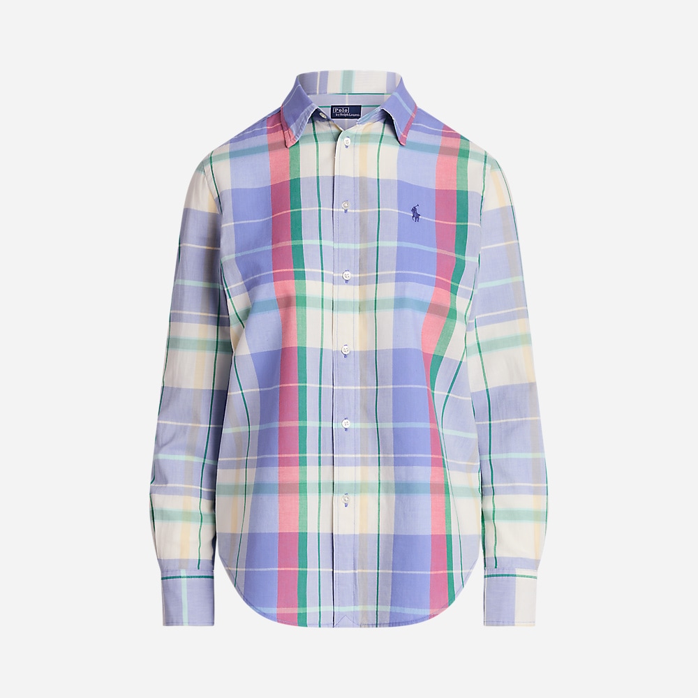 Relaxed Fit Plaid Cotton Shirt - Light Blue/ Pink/Green