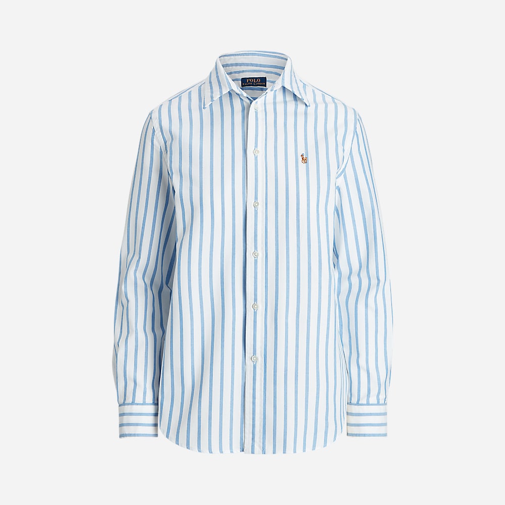 Relaxed Fit Striped Cotton Oxford Shirt - White/Lake Blue Stripe