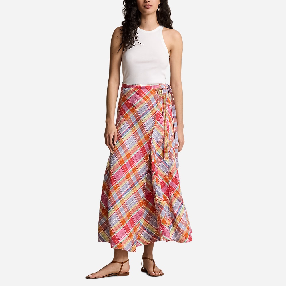 Plaid Linen Wrap Skirt - Pink/Orange Multi Plaid