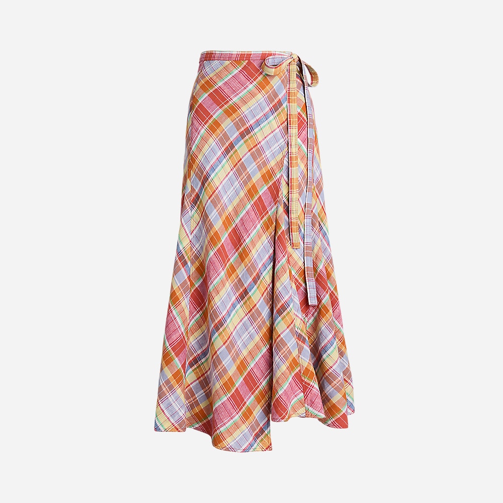 Plaid Linen Wrap Skirt - Pink/Orange Multi Plaid