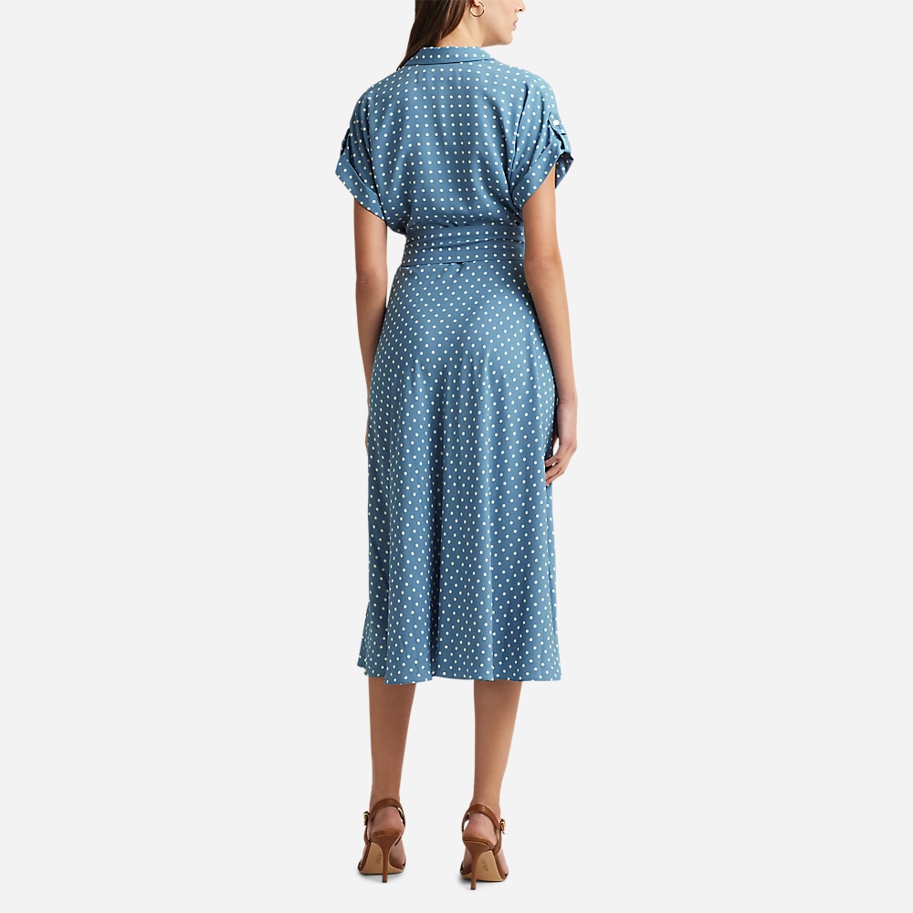 Polka-Dot Belted Crepe Dress - Blue/Cream