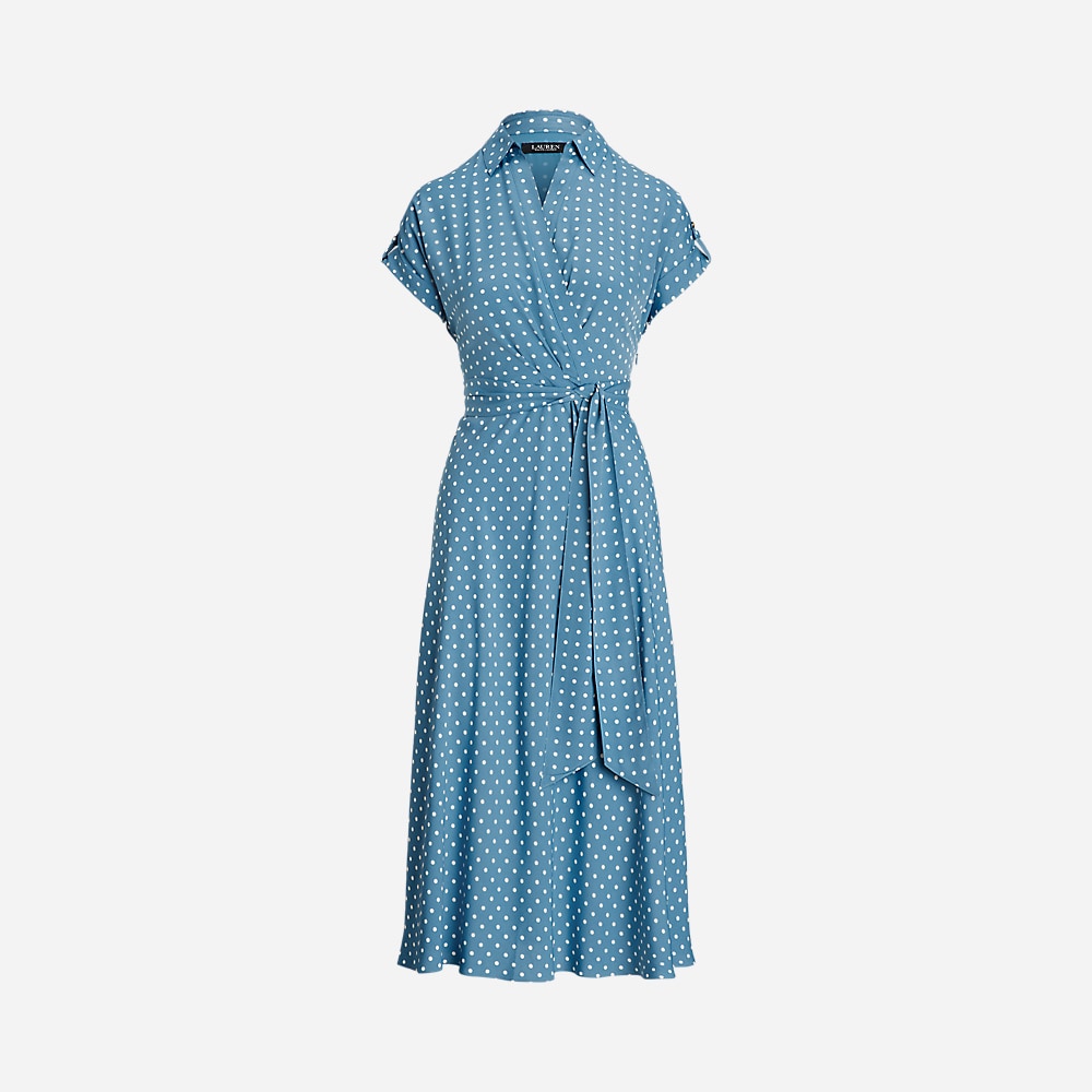 Polka-Dot Belted Crepe Dress - Blue/Cream