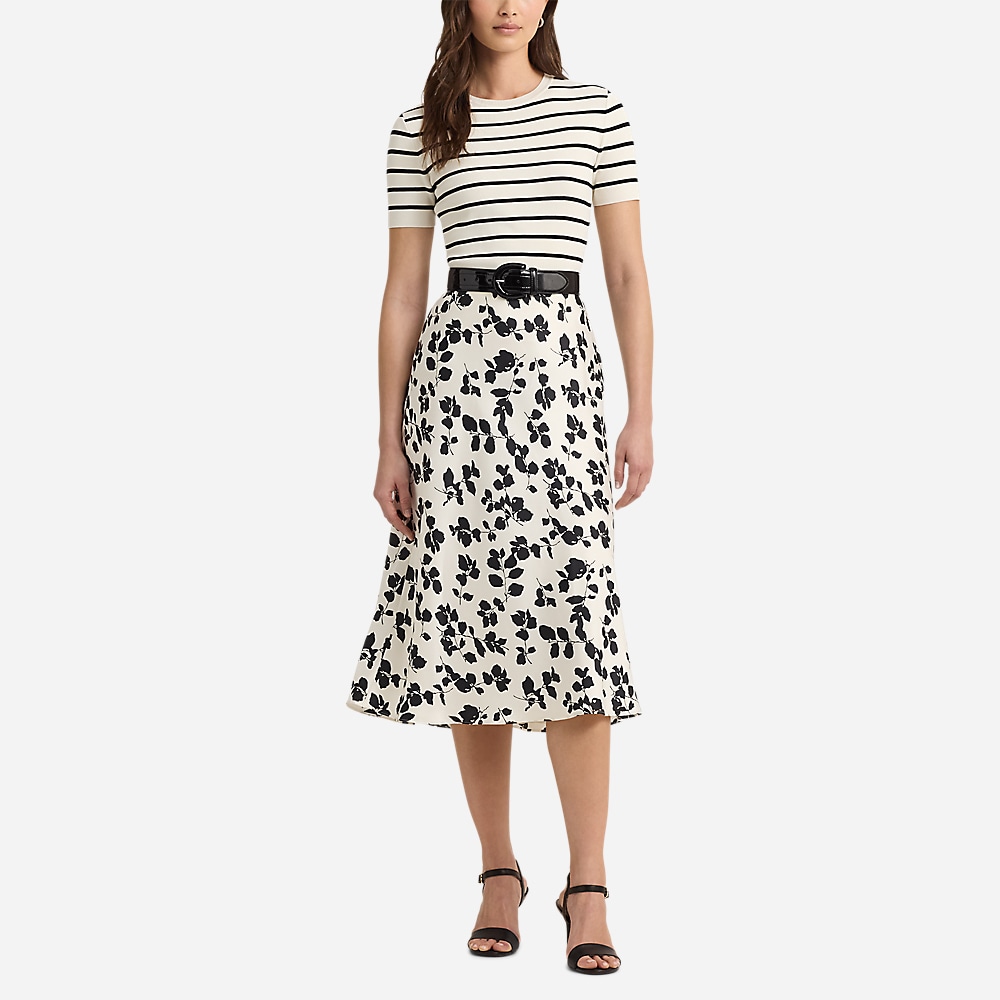 Leaf-Print Satin Charmeuse Midi Skirt - Cream/Black