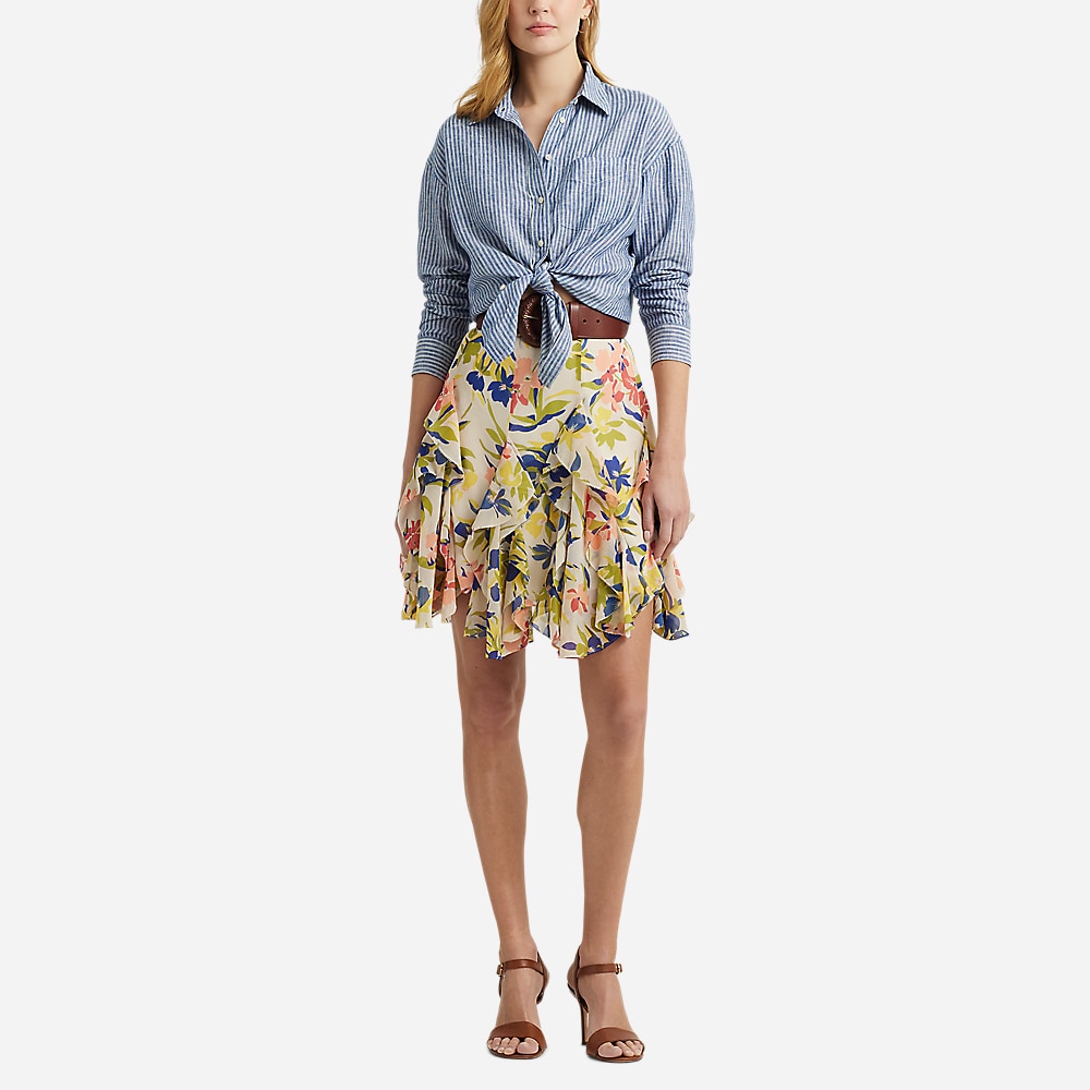 Floral Ruffle-Trim Georgette Skirt - Cream/Blue Multi