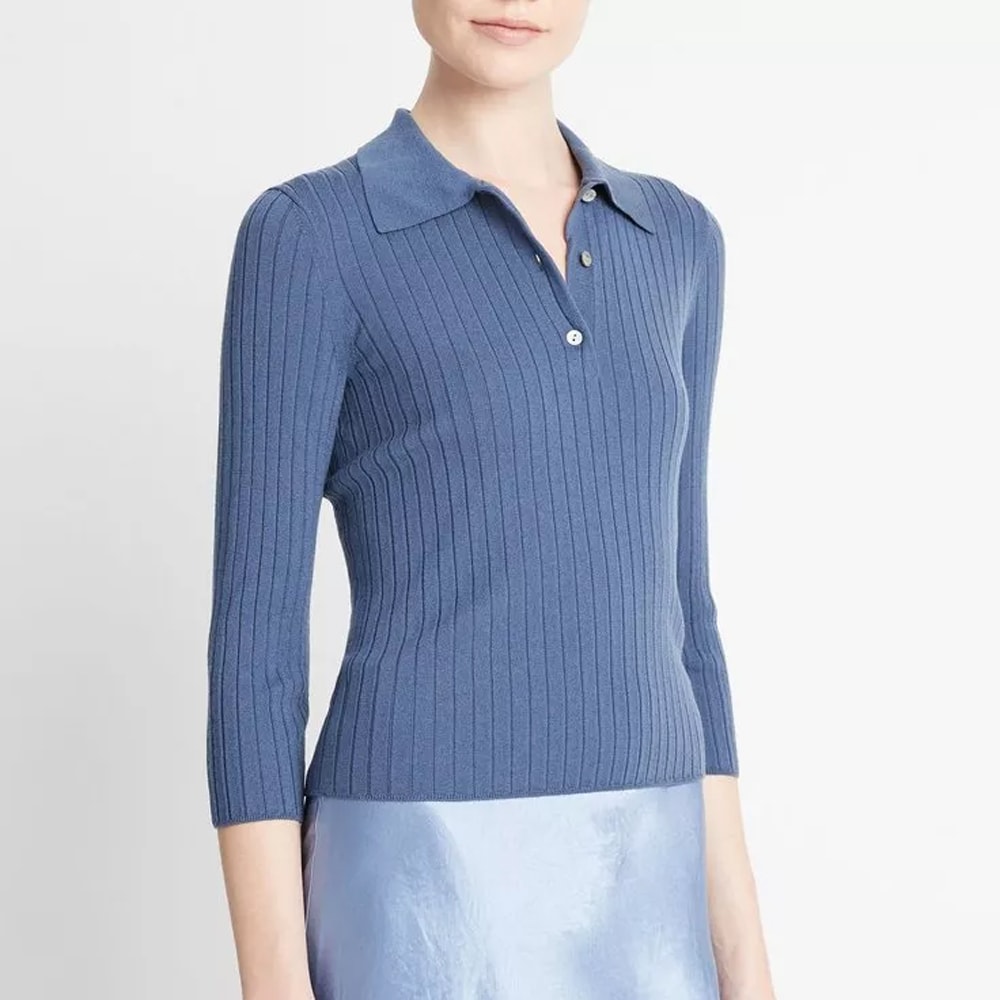 Ribbed Wool Three-Quarter-Sleeve Wool Sweater - Riverbed