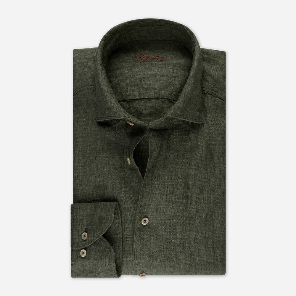 Fitted Body Linen Shirt - Olive