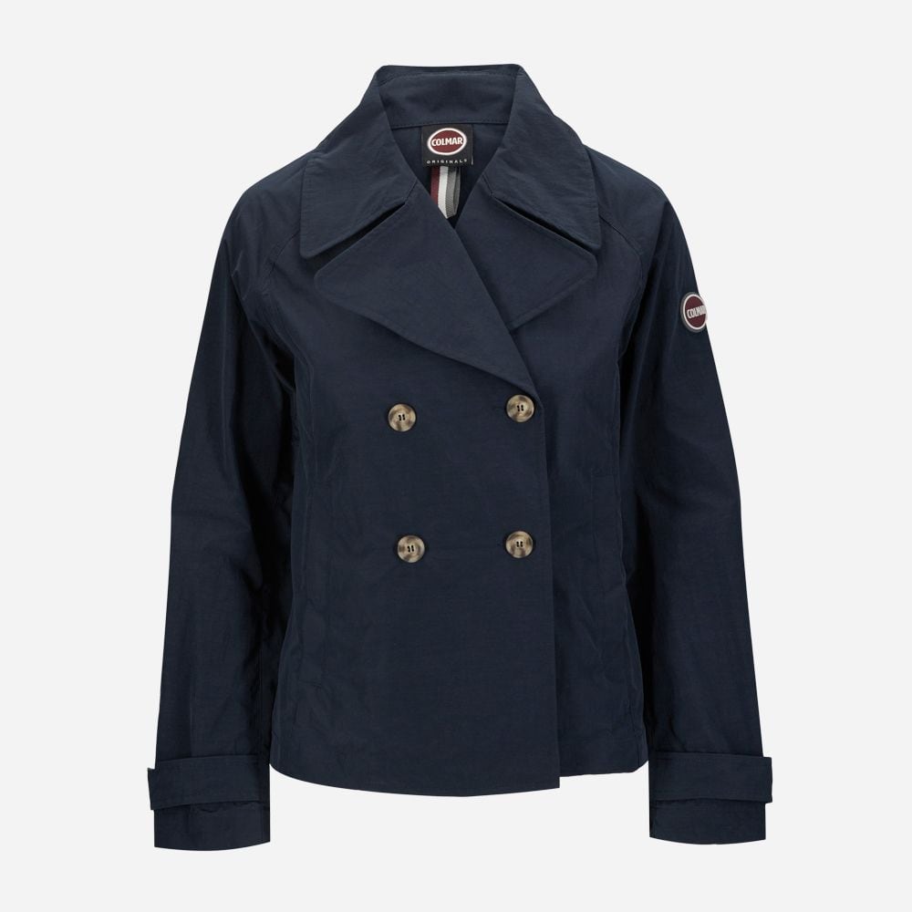 Double-Breasted Cotton-Look Jacket - Navy