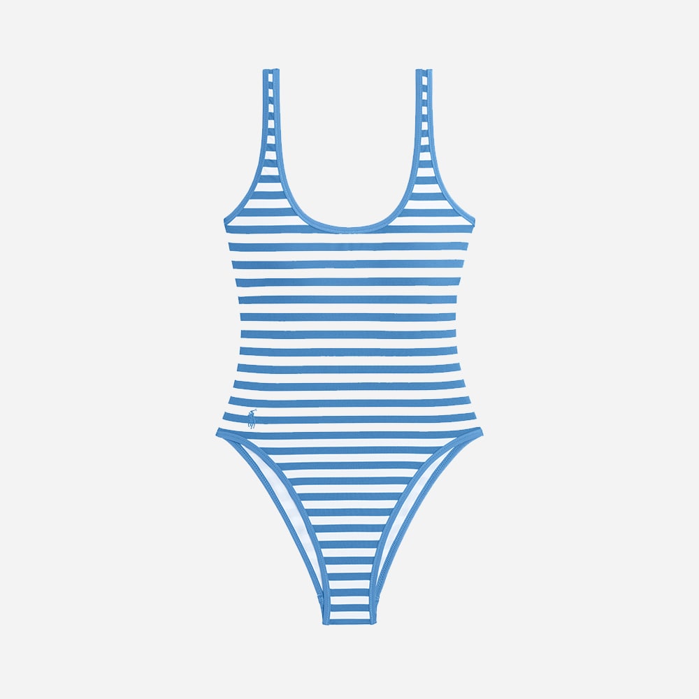 Piquet Stripe Scoopneck Swimsuit - Riviera Blue & White