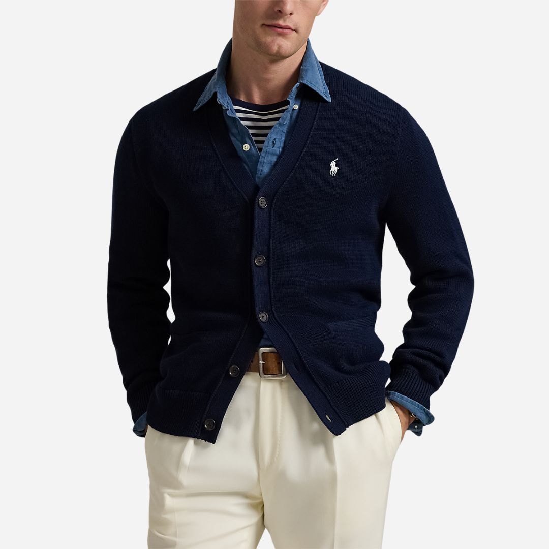  Cotton V-Neck Cardigan -  Hunter Navy/White Pp