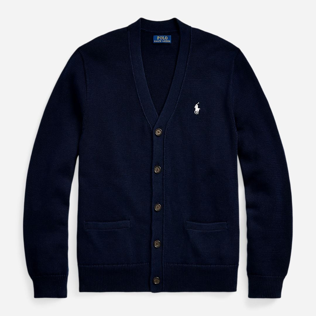  Cotton V-Neck Cardigan -  Hunter Navy/White Pp