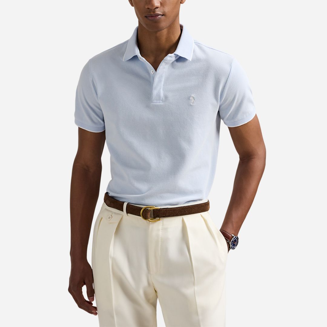 Custom Slim Fit Stretch Oxford Mesh Polo - Office Blue/White